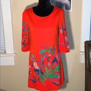 BCBGMAXAZARIA reddish orange floral/peacock dress!